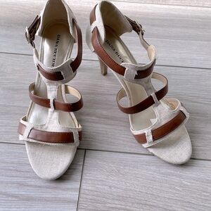 Women's Linen Fabric Heels Size 8 Open Toe Strappy Gold Buckles